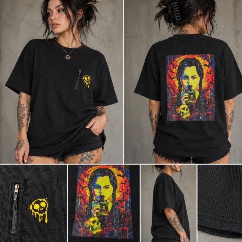 Wednesday Addams Shirt Mens Large (Fits) Dark Art To Wear Black Waffle Knit Goth
